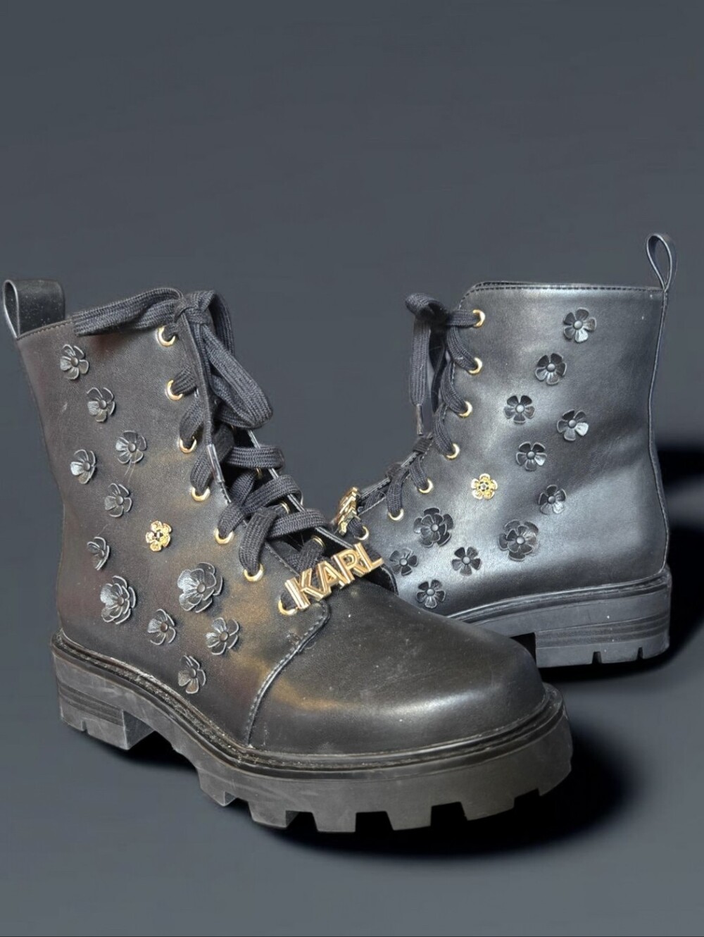 Karl Lagergeld Paris Chucky Floral Embellished Side Zip Combat Boots Size 7.5